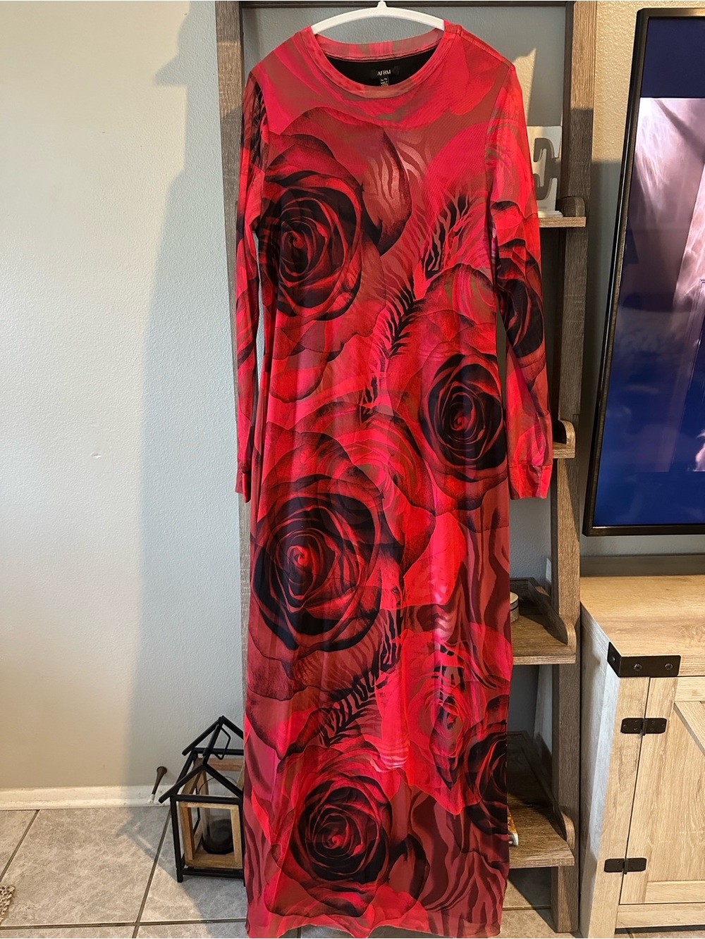 AFRM Women’s Vibrant Rose & Abstract Print Long Sleeve Dress - Picture 3 of 5